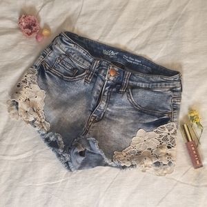 High Rise Distressed Lace Jean Shorts